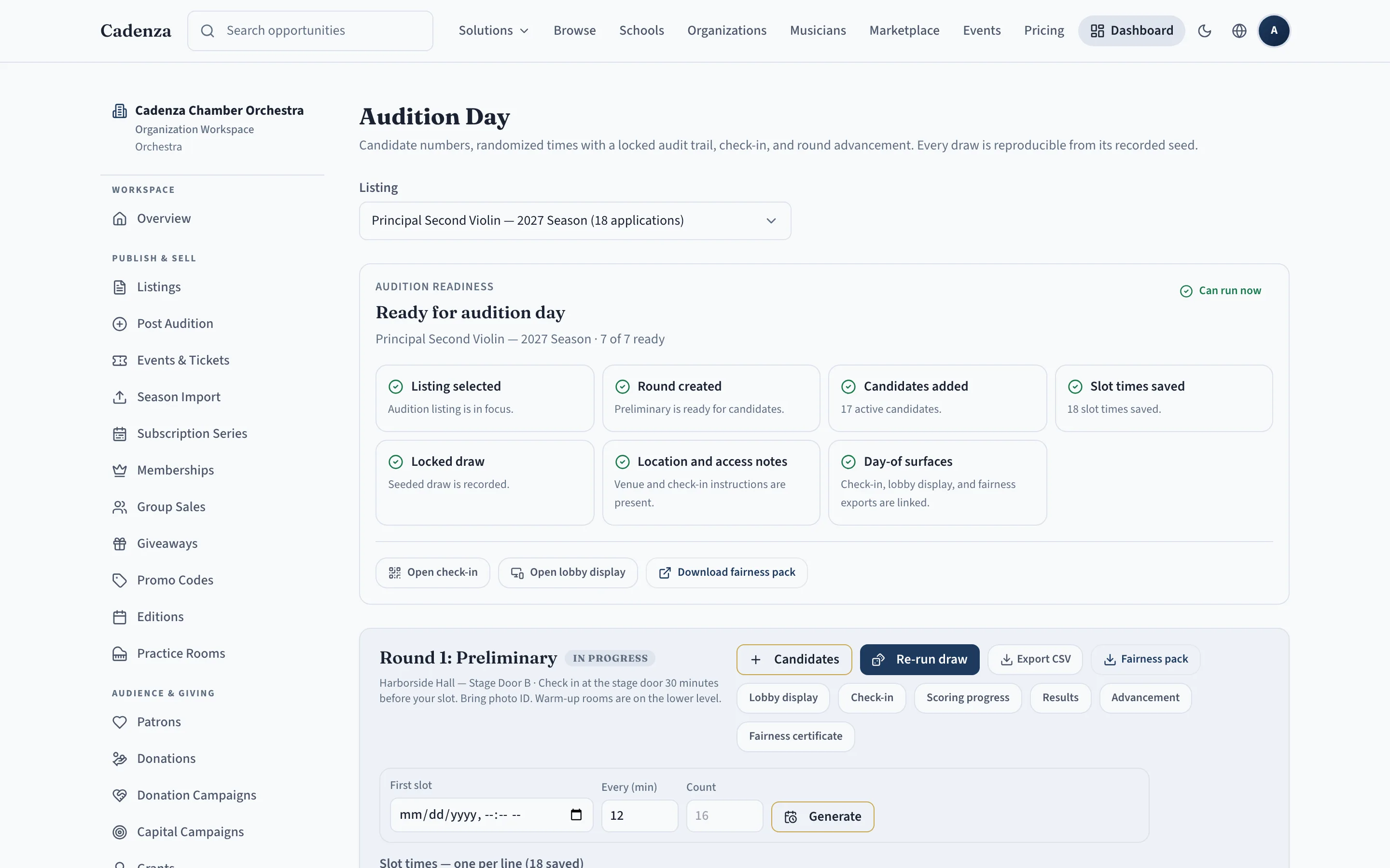 Cadenza audition-day cockpit showing round readiness, the locked seeded draw, and links to check-in, lobby display, scoring, results, and the fairness pack