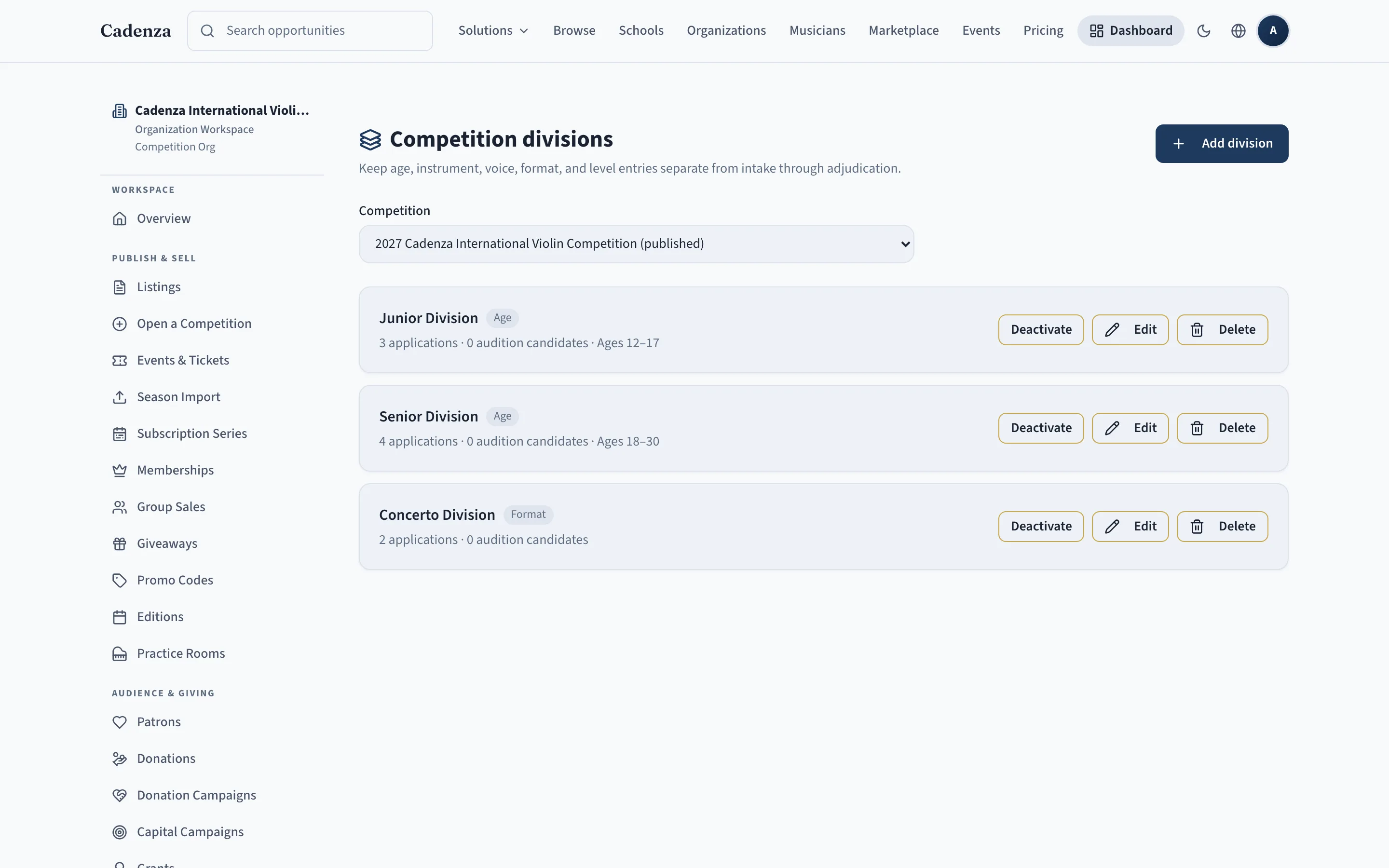 Cadenza competition divisions screen showing Junior, Senior, and Concerto divisions with per-division application counts and age rules