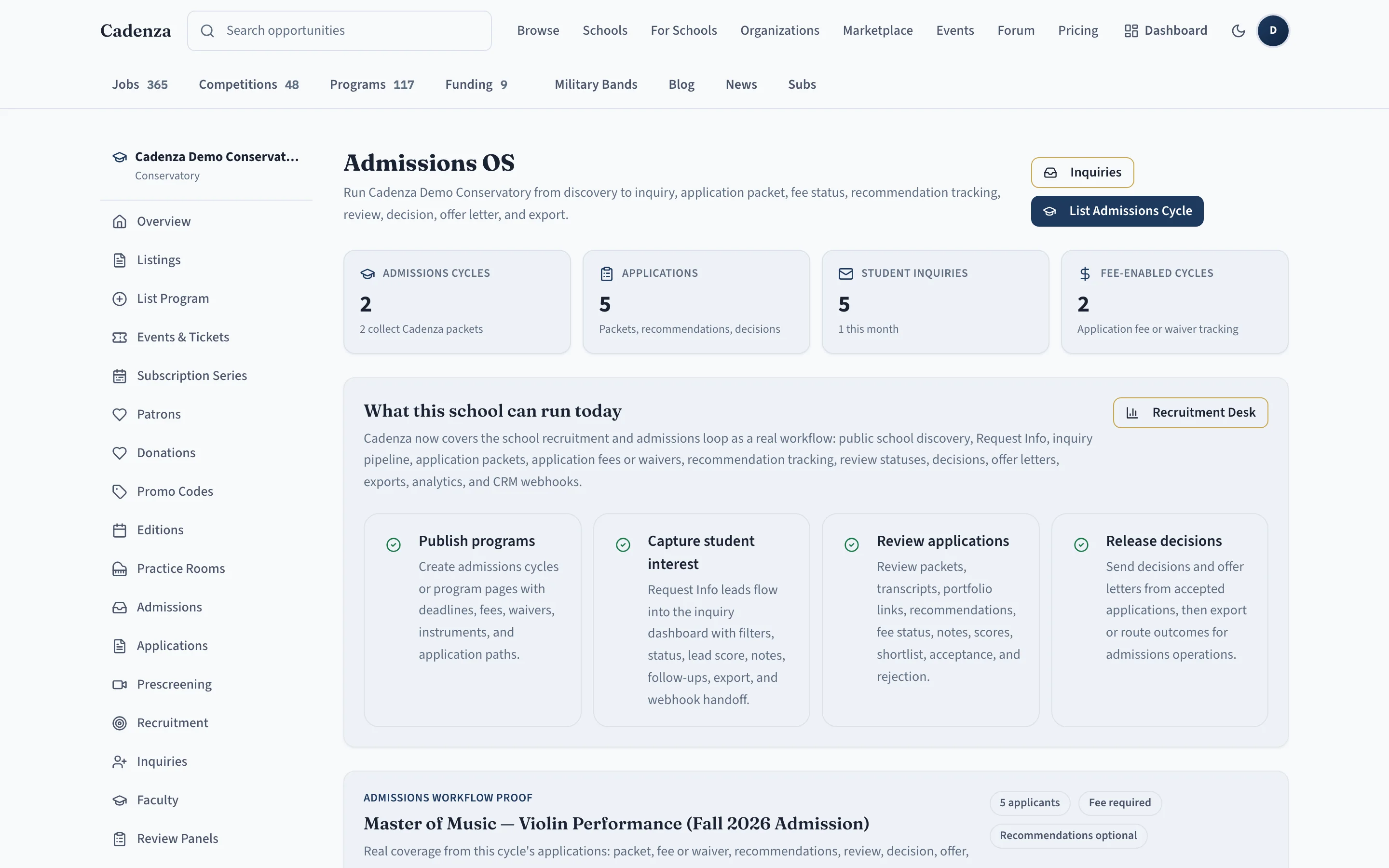 Cadenza School Admissions OS dashboard showing admissions cycles, applicant counts, and the admissions workflow