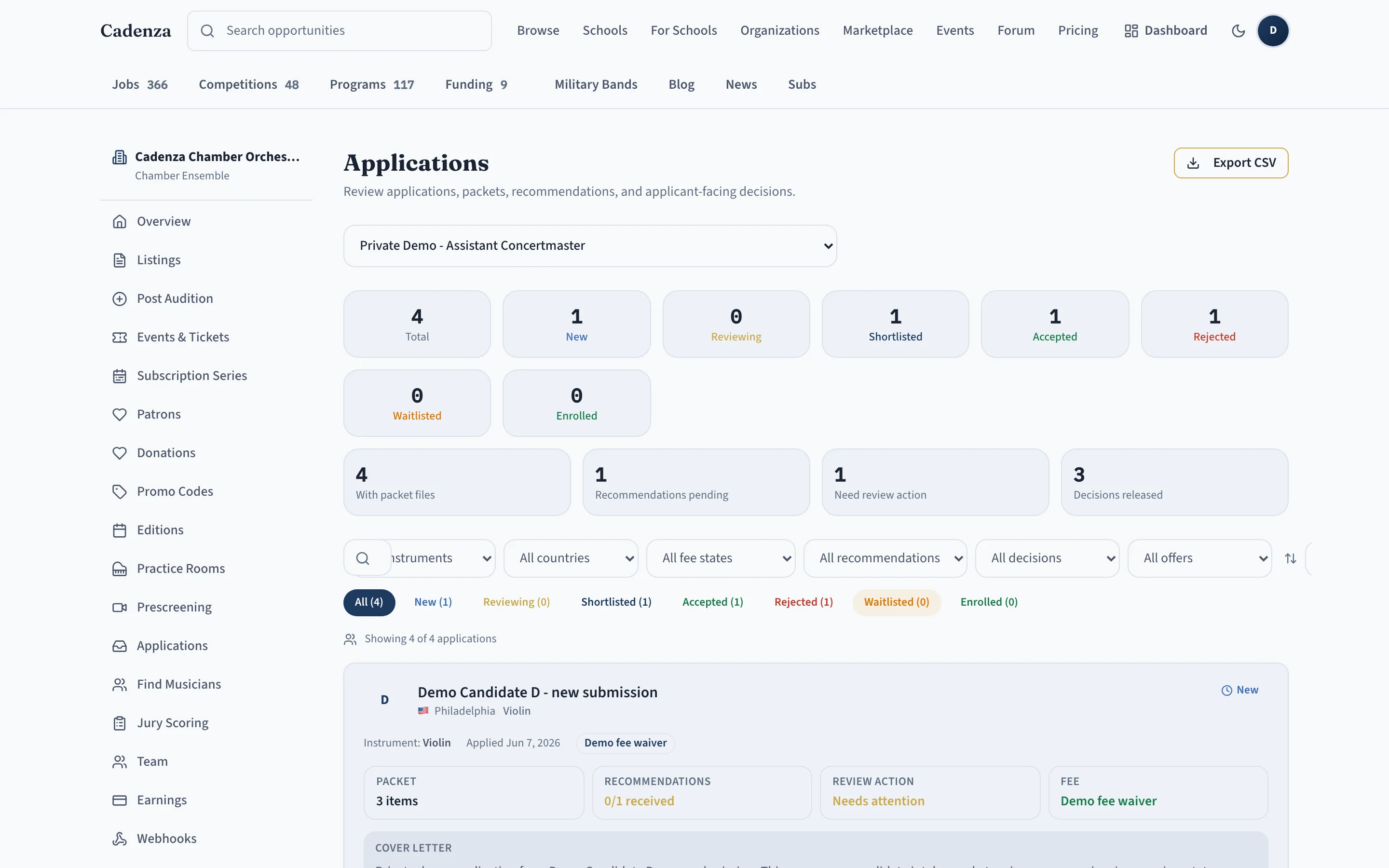 Cadenza Hiring OS applications dashboard showing the applicant funnel, packets, and decisions